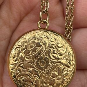 Vintage Victorian Gold Filled Round Locket Necklace Floral Engraved Gift for Her